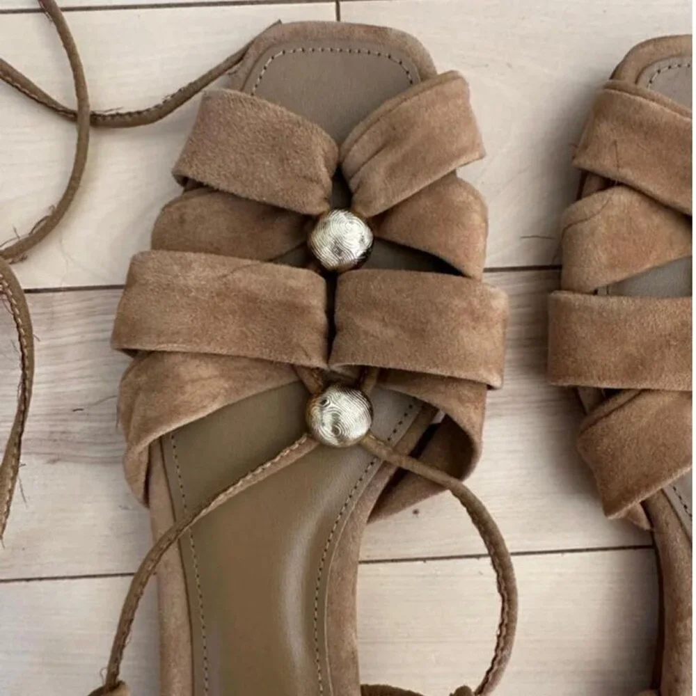 Greek-inspired lace-up sandals in soft faux suede with gold button details - Picture 4 of 7